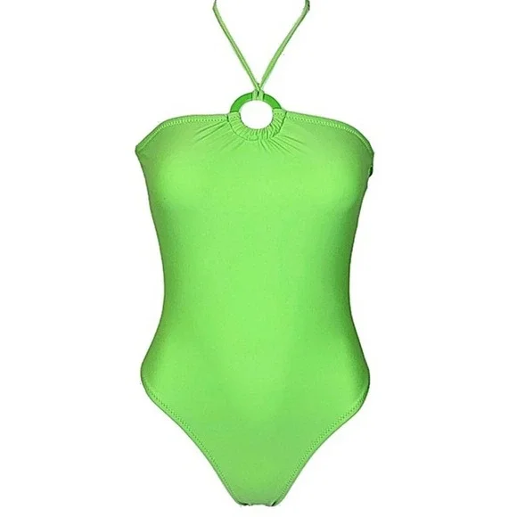 Pastel High-Leg O-Ring Halter One-Piece Swimsuit in Lime Green - Picture 6 of 11